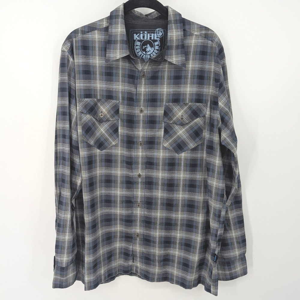 Kuhl Button Down Mens Large Blue Plaid Outdoor Hiking Long Sleeve Shirt Gorpcore